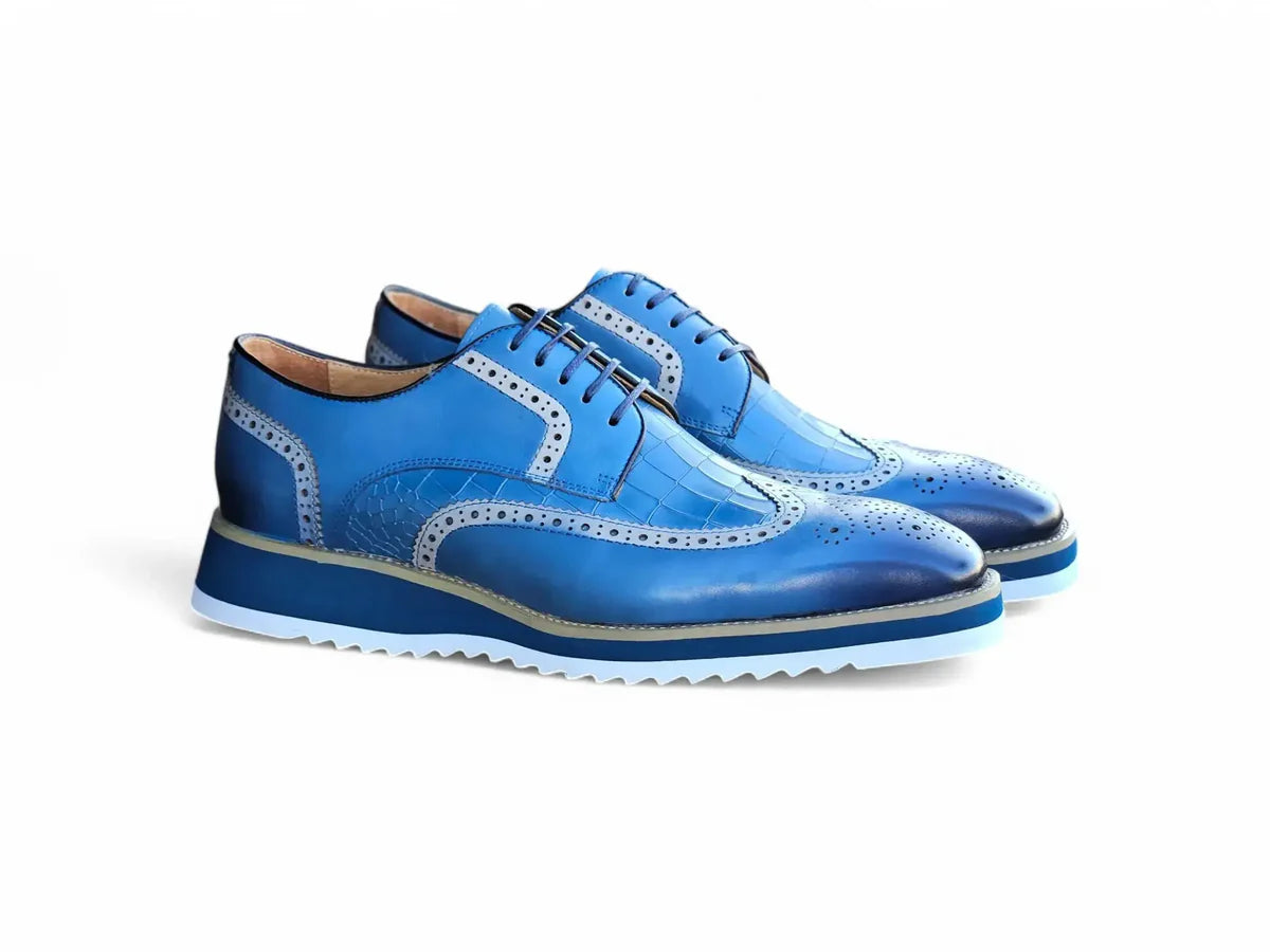 Carrucci Croco Embossed Lace-Up Oxford Leather Dress Shoe – Blue