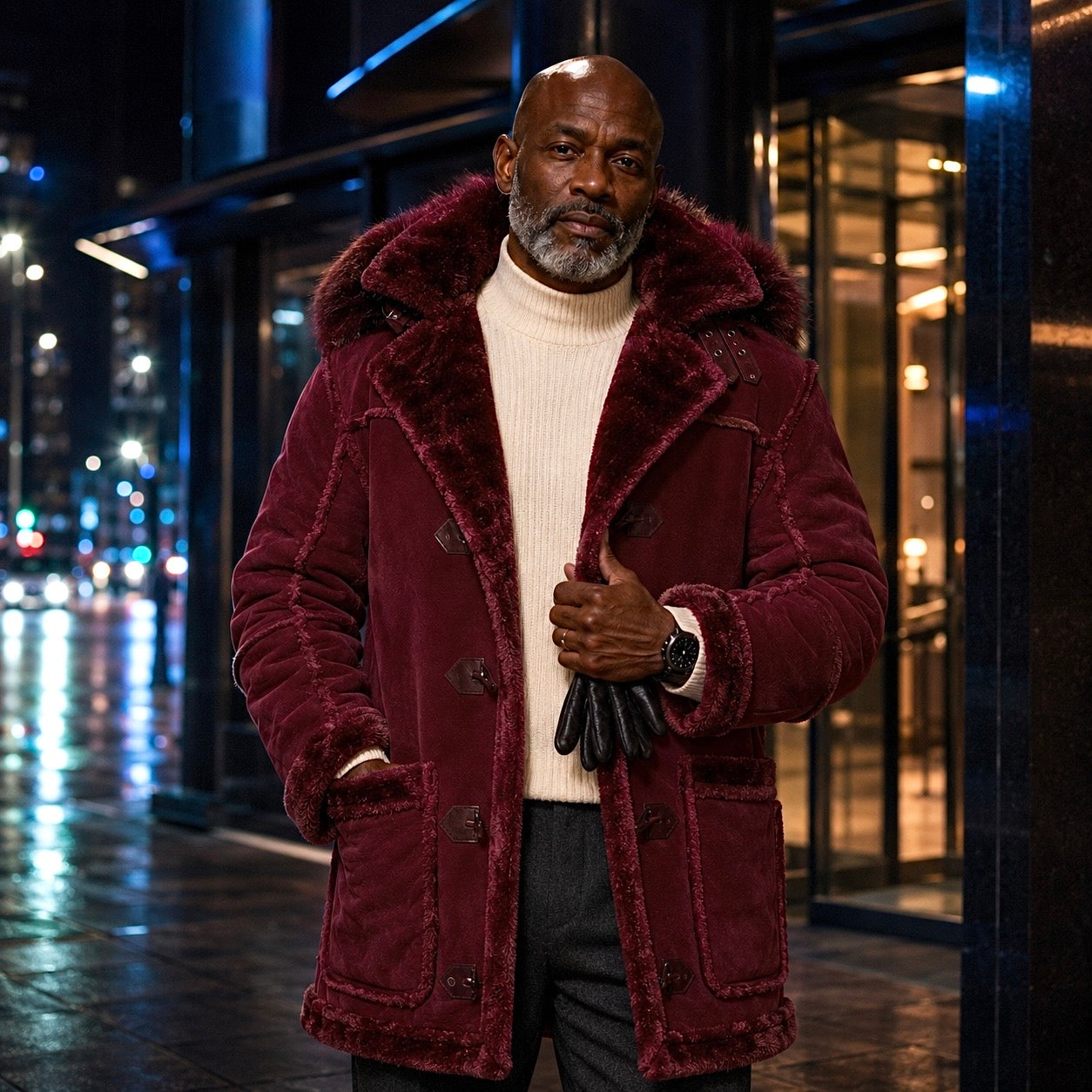 Jordan Craig Men’s Shearling Detachable Hooded Coat – Wine