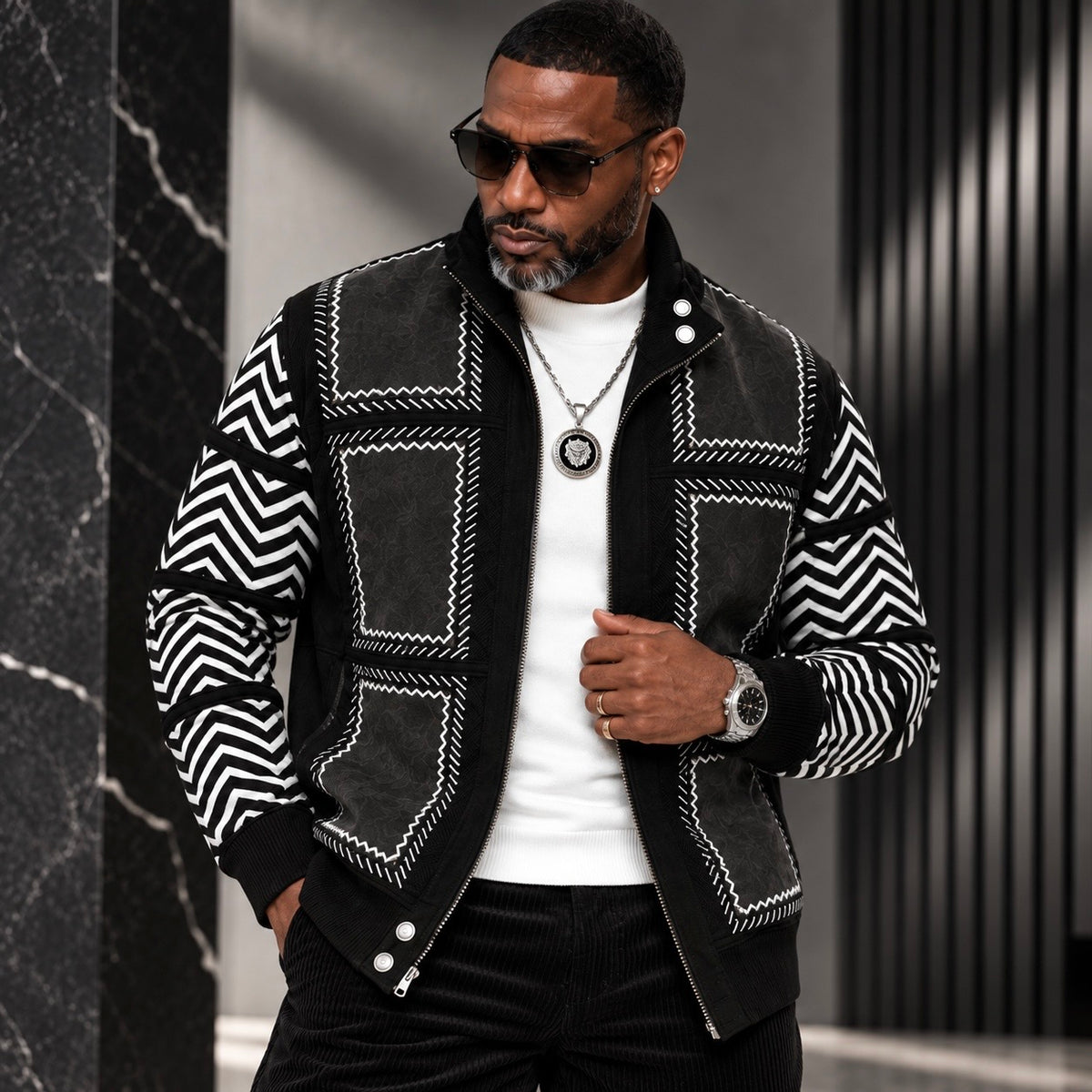 Silversilk Men’s Patchwork Full-Zip Sweater Jacket: Black