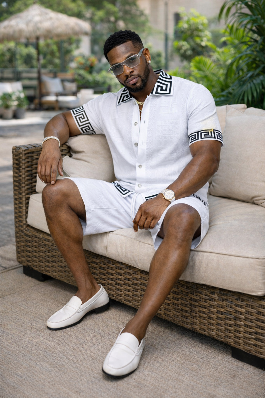 Prestige Men’s Greek Key Knit Short Set – White/Black 6125