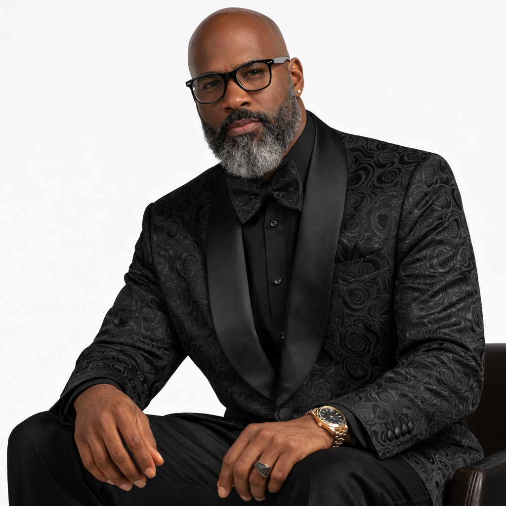 Men’s Floral Jacquard Shawl Lapel Blazer with Matching Bow Tie – Formal Tuxedo Jacket – Black