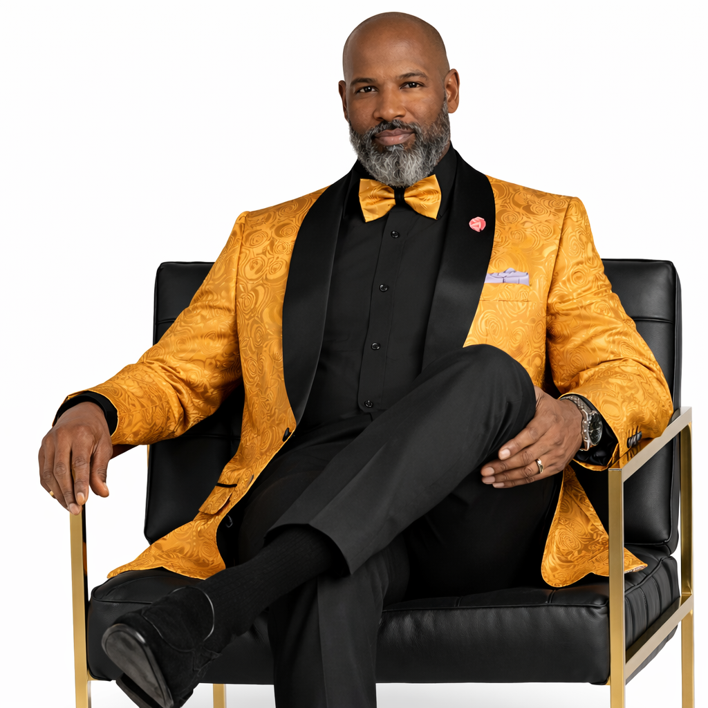 Men’s Floral Jacquard Shawl Lapel Blazer with Matching Bow Tie – Formal Tuxedo Jacket – Gold