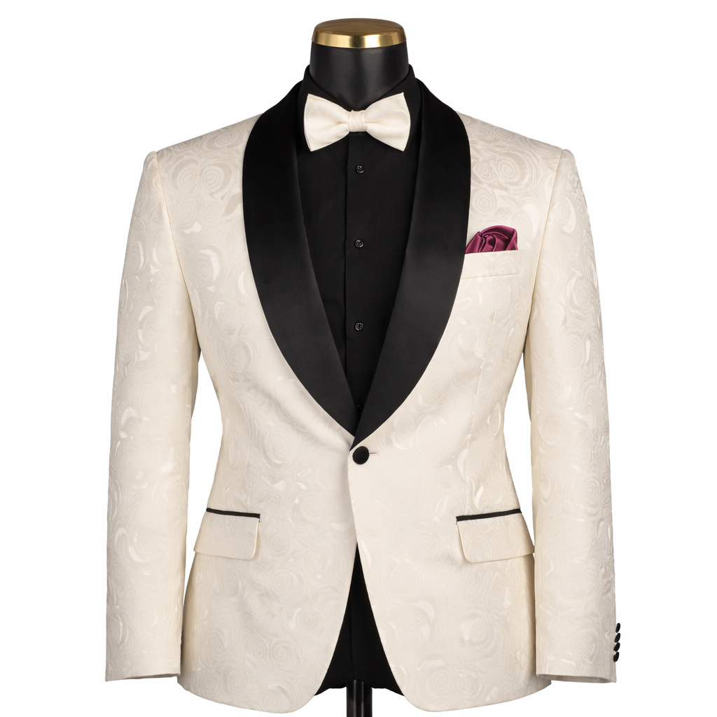 Men’s Floral Jacquard Shawl Lapel Blazer with Matching Bow Tie – Formal Tuxedo Jacket – White