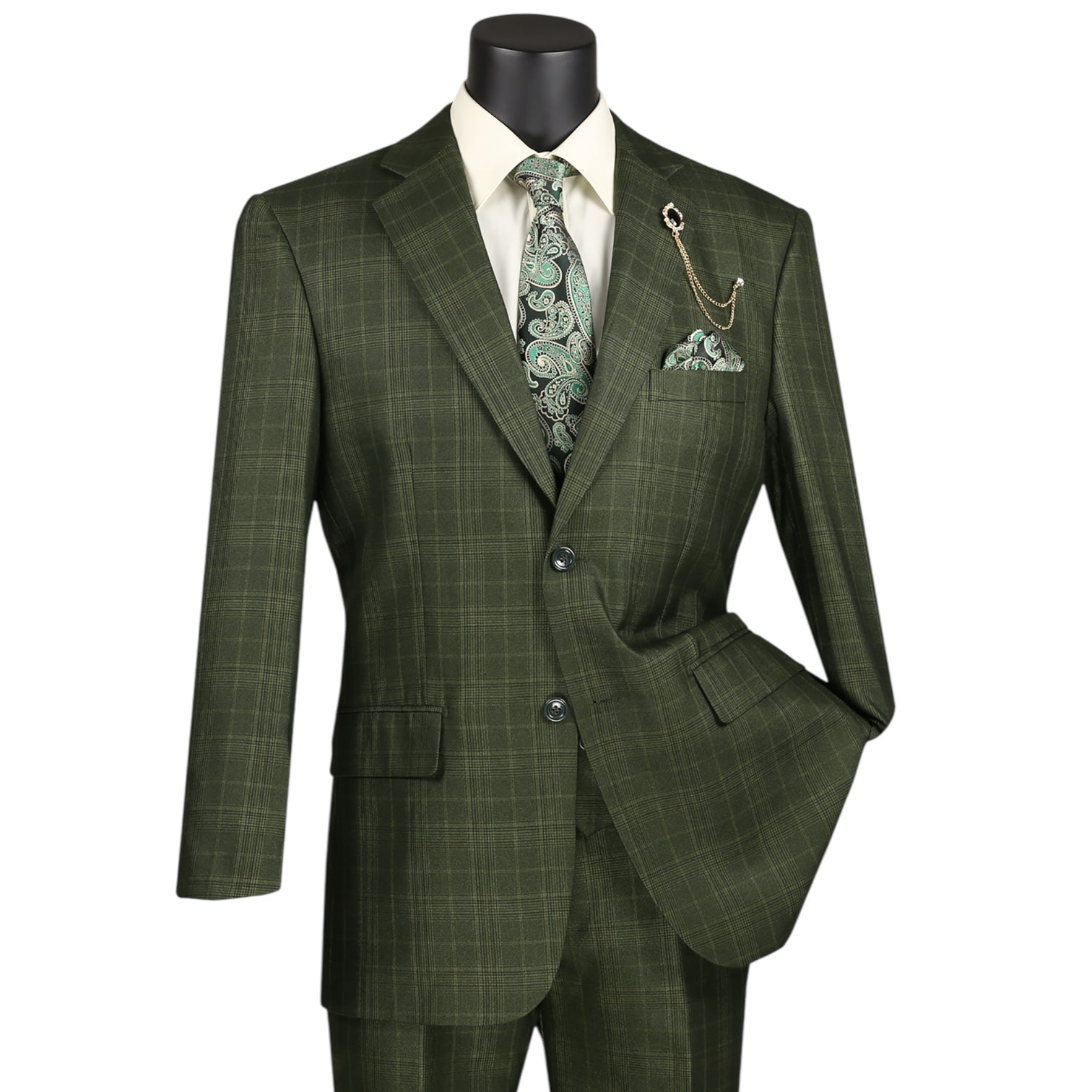 Men’s Glen Plaid 3 Piece Suit – Olive Regular Fit Double Breasted Vest V2RW7
