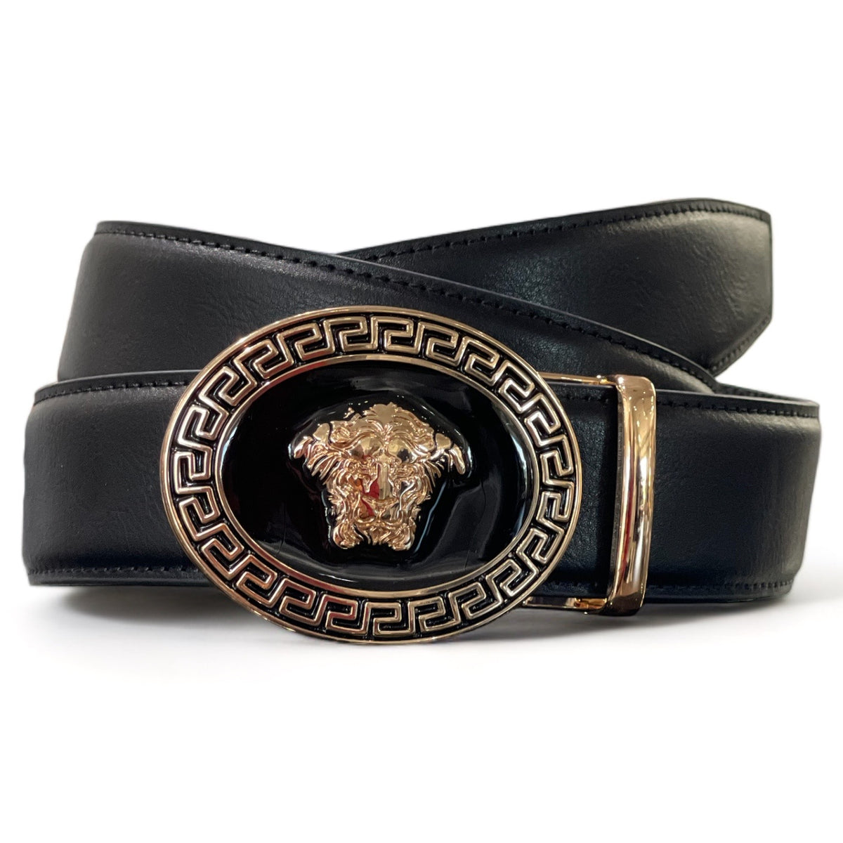 Vintage Style Medusa Head Gold Black Leather Statement Belt Size 36 Greek Key Vintage Medusa Head Belt: Black Suede Leather Gold Greek Key  main image 2