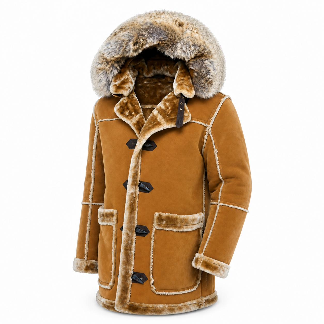 Jordan Craig Men’s Shearling Detachable Hooded Coat – Cognac