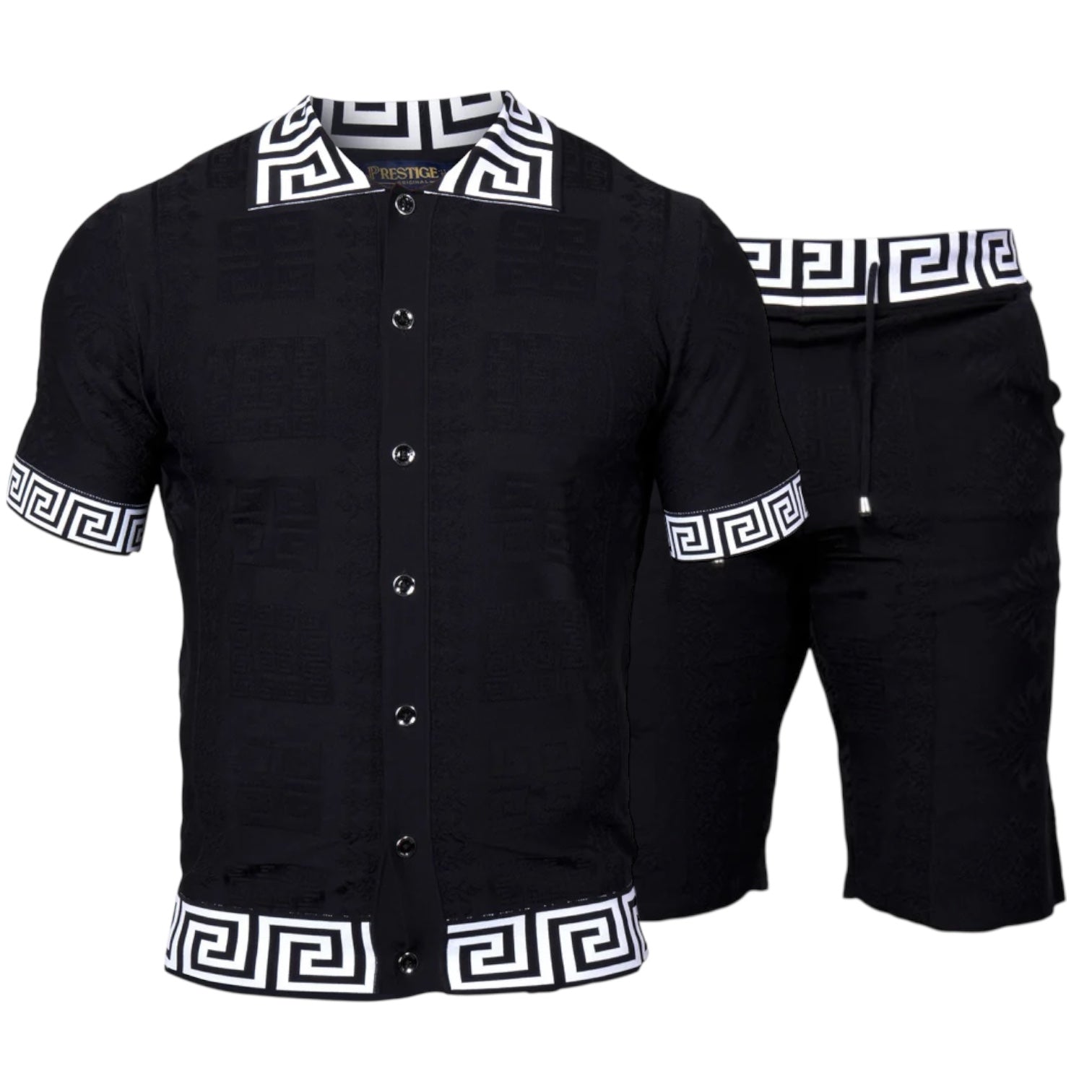 Prestige Men’s Greek Key Knit Short Set – Black/White 6125