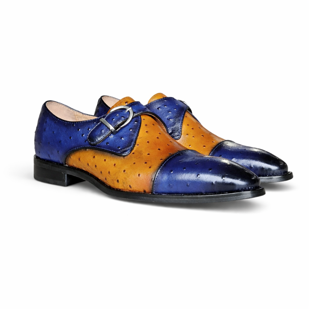 Carrucci Ostrich Embossed Cap Toe Monk Strap Leather Dress Shoes – Navy Cognac