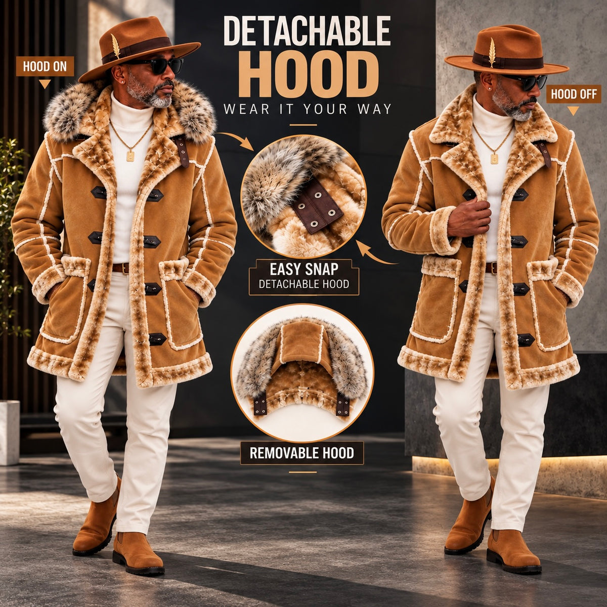 Jordan Craig Men’s Shearling Detachable Hooded Coat – Cognac