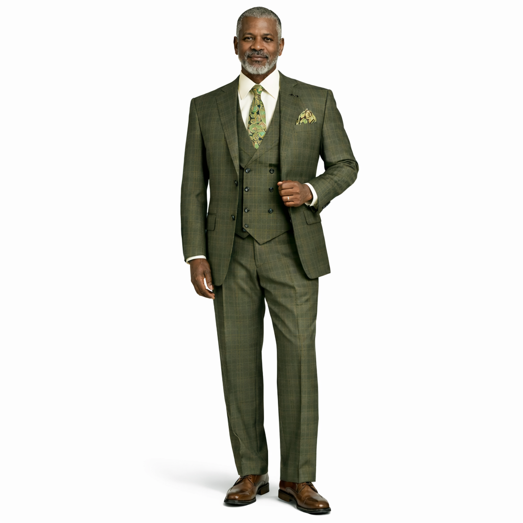 Men’s Glen Plaid 3 Piece Suit – Olive Regular Fit Double Breasted Vest V2RW7