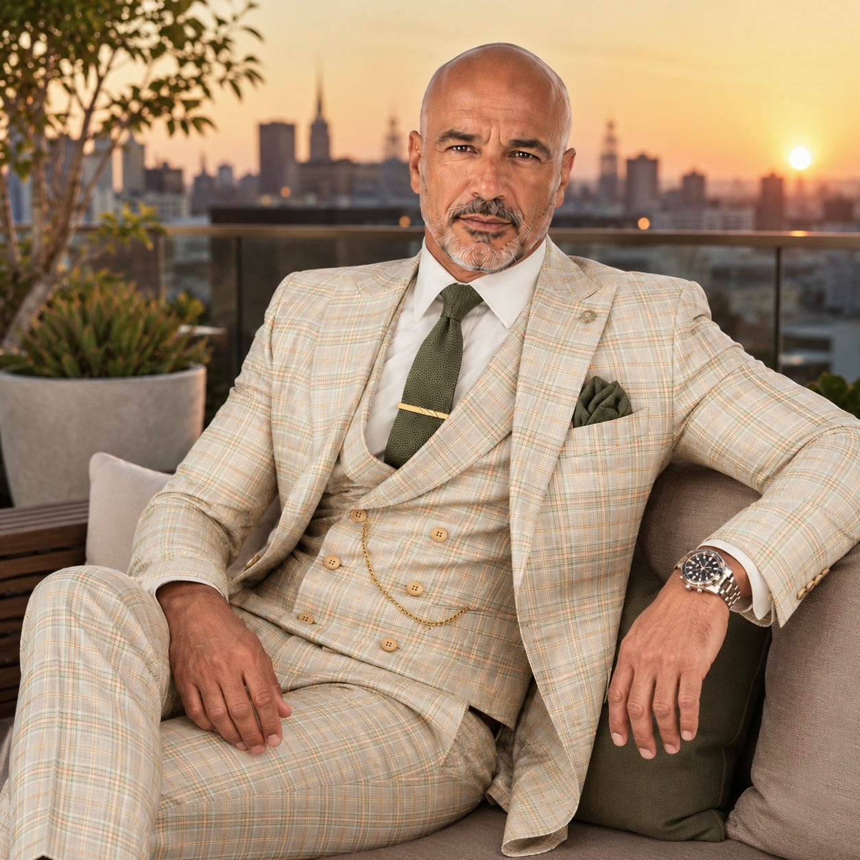 Men’s Khaki Modern Fit Windowpane 3-Piece Suit with Double-Breasted Vest MV2W-3