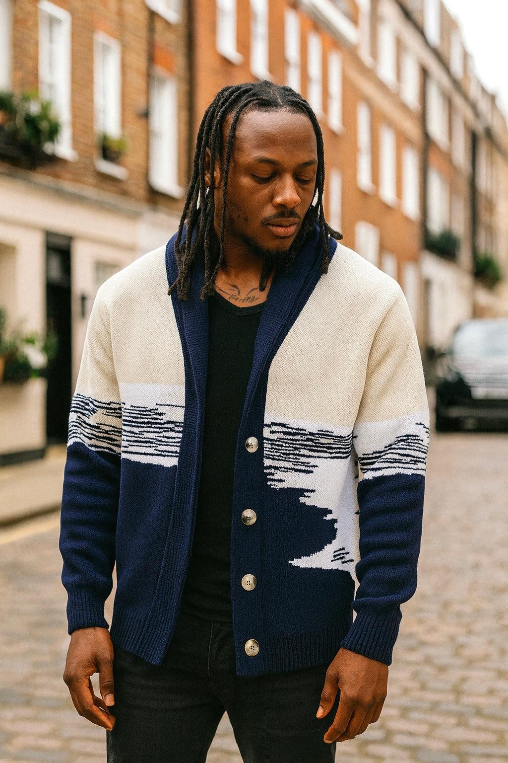 OIM Brooks Shawl Cardigan (Navy/Cream/White)