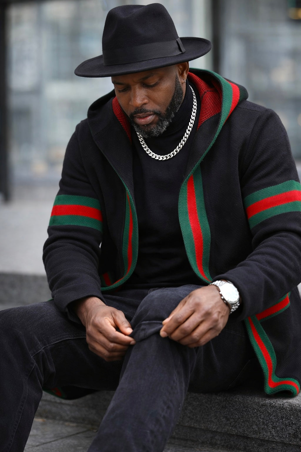 OIM "Designer" Cardigan 3/4 Length Sweater Jacket (Black/Red)