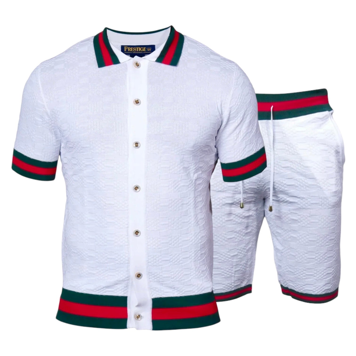 Prestige Men’s Knit Short Set – Signature Stripe Trim White