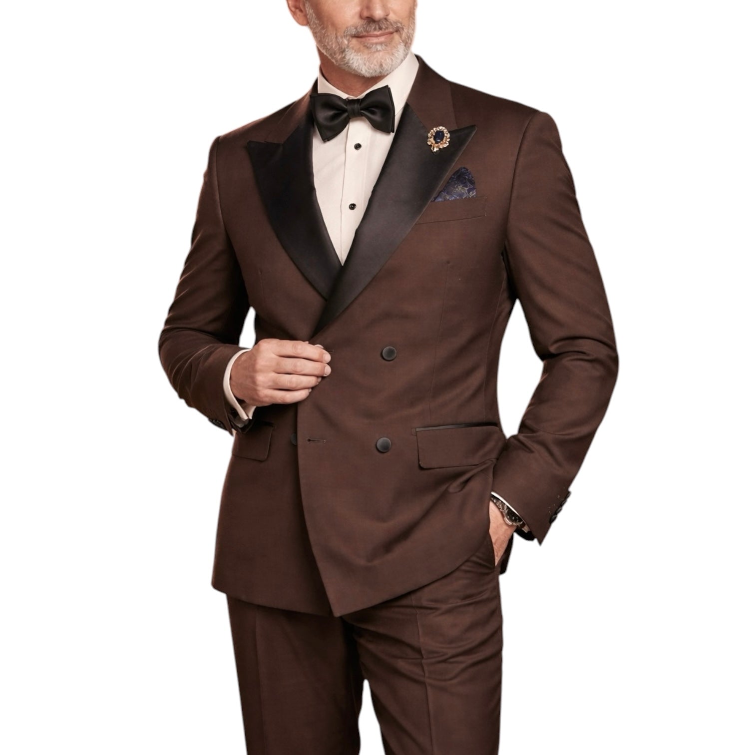 Men’s Regular Fit Double Breasted Tuxedo with Satin Lapel & Bow Tie - Brown TDB900