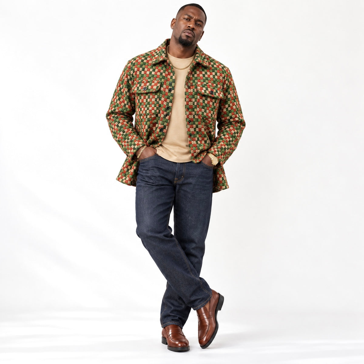 Lanzino Men’s Luxury Shirt Jacket – Green Tan Rust