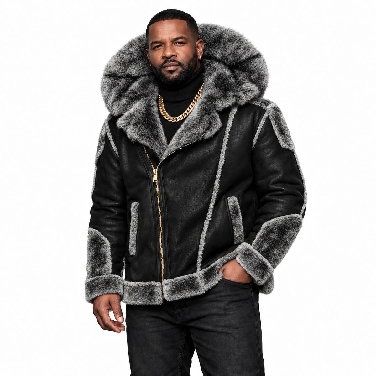 Men’s Faux Suede Motto Jacket with Faux Shearling Lining & Detachable Fur Hood – Black | Jordan Craig