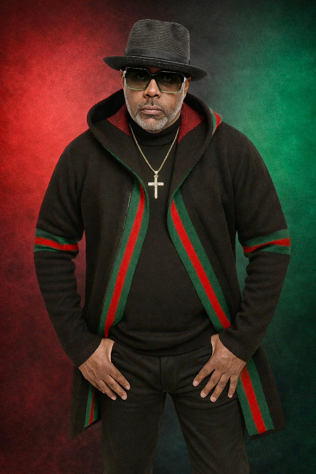 OIM "Designer" Cardigan 3/4 Length Sweater Jacket (Black/Red)