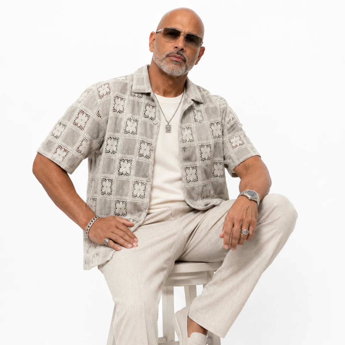 Lanzino Woven Pattern Linen Cotton Shirt - Gray 111