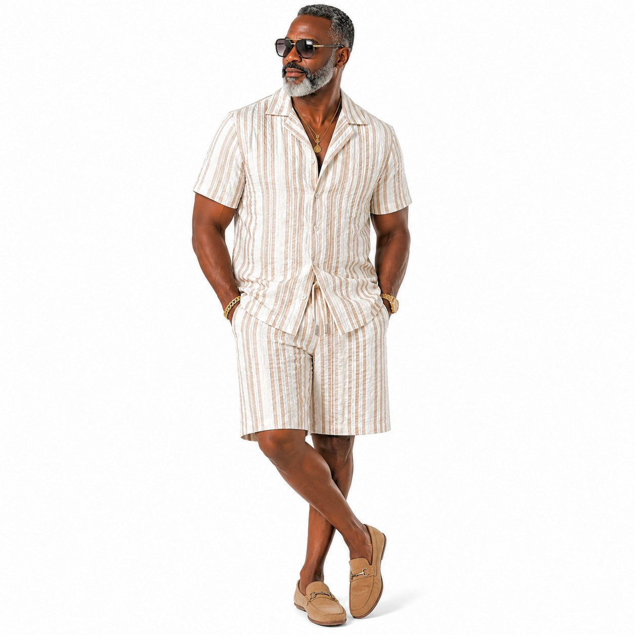 Stacy Adams Tan Seersucker Short Set - Relaxed fit