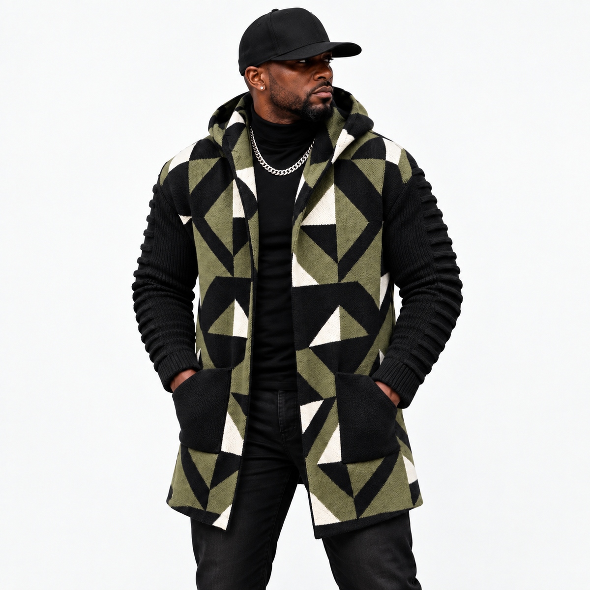 OIM Geometric Cardigan 3/4 Length Sweater Jacket Green