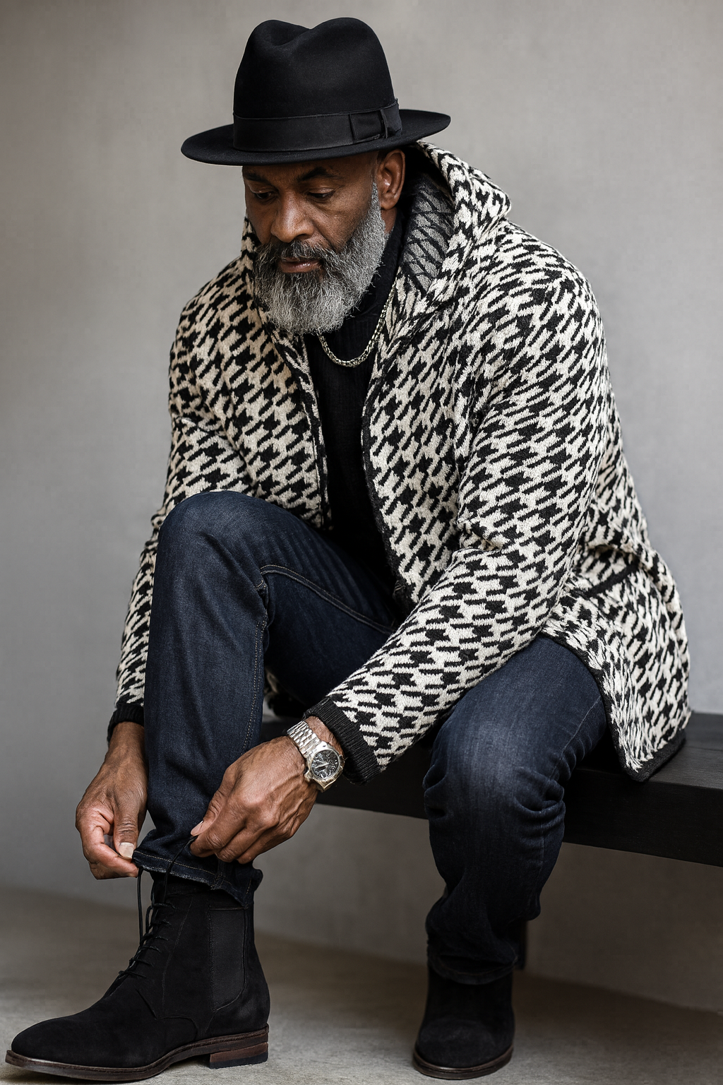 OIM "Houndstooth" Cardigan 3/4 Length Sweater Jacket (Black/White)