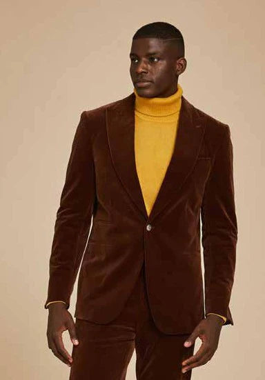 Inserch Single Breasted Peak Lapel Velvet Blazer (Swiss Chocolate) 184