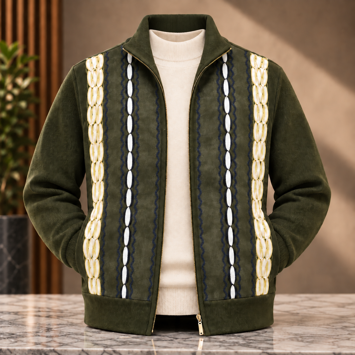 Silversilk Men’s Heritage Stripe Full-Zip Sweater Jacket: Olive Blue