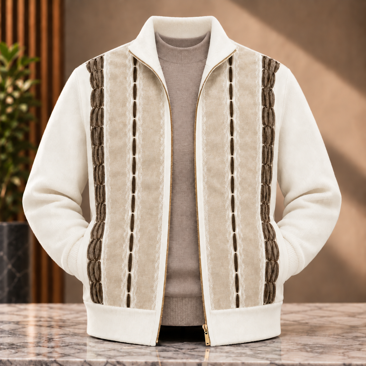 Silversilk Men’s Heritage Stripe Full-Zip Sweater Jacket: Cream