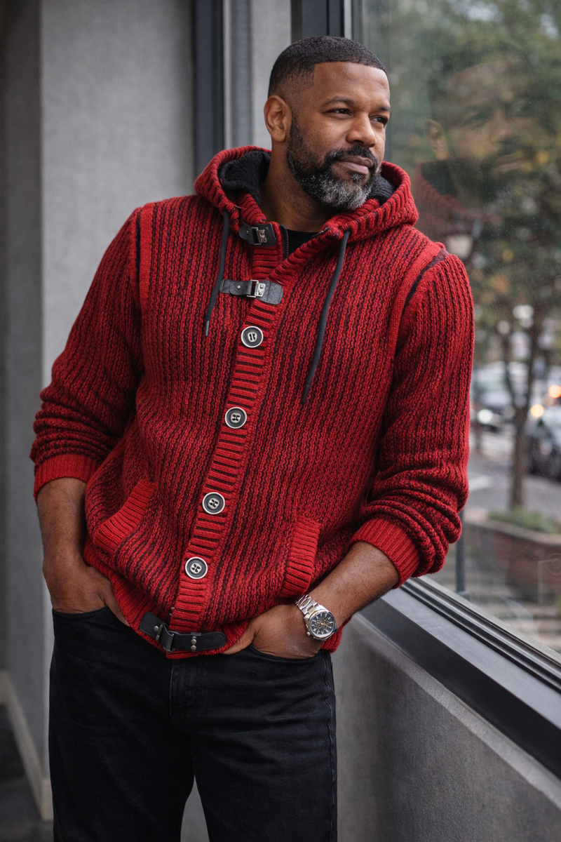 即発DIANTE Big collar gold button rib knit Lcr High Collar Sweater (Red/Black) 0012C5