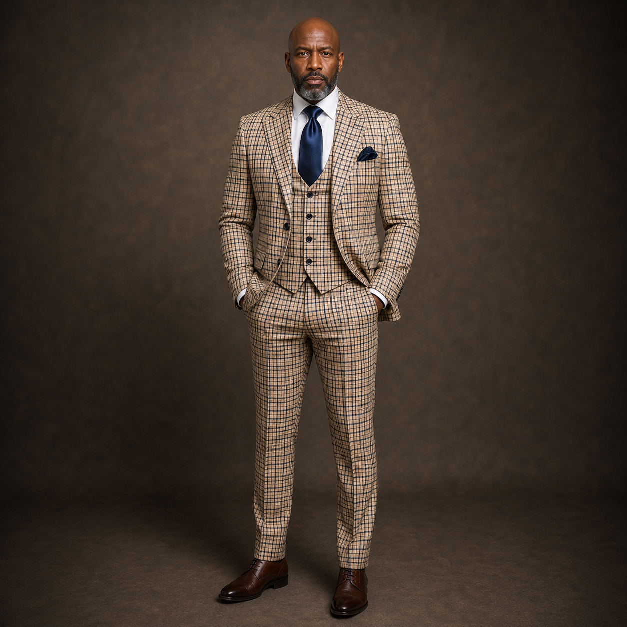 Rossi Man Modern Fit 3-Piece Vested Suit - Tan Navy 2010