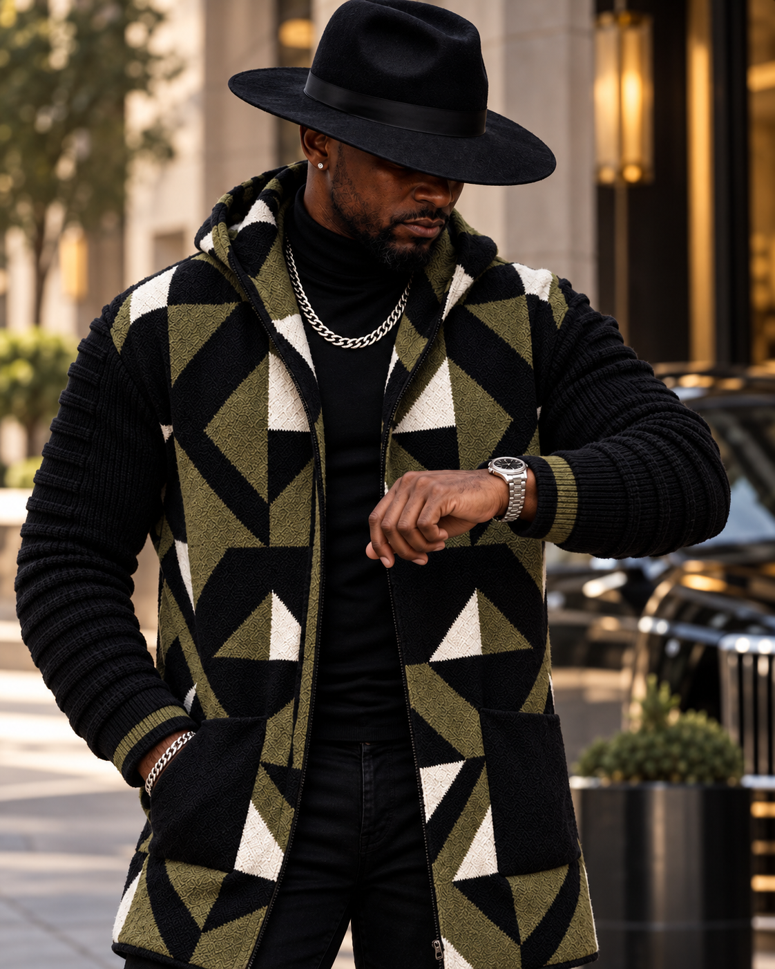 OIM Geometric Cardigan 3/4 Length Sweater Jacket Green
