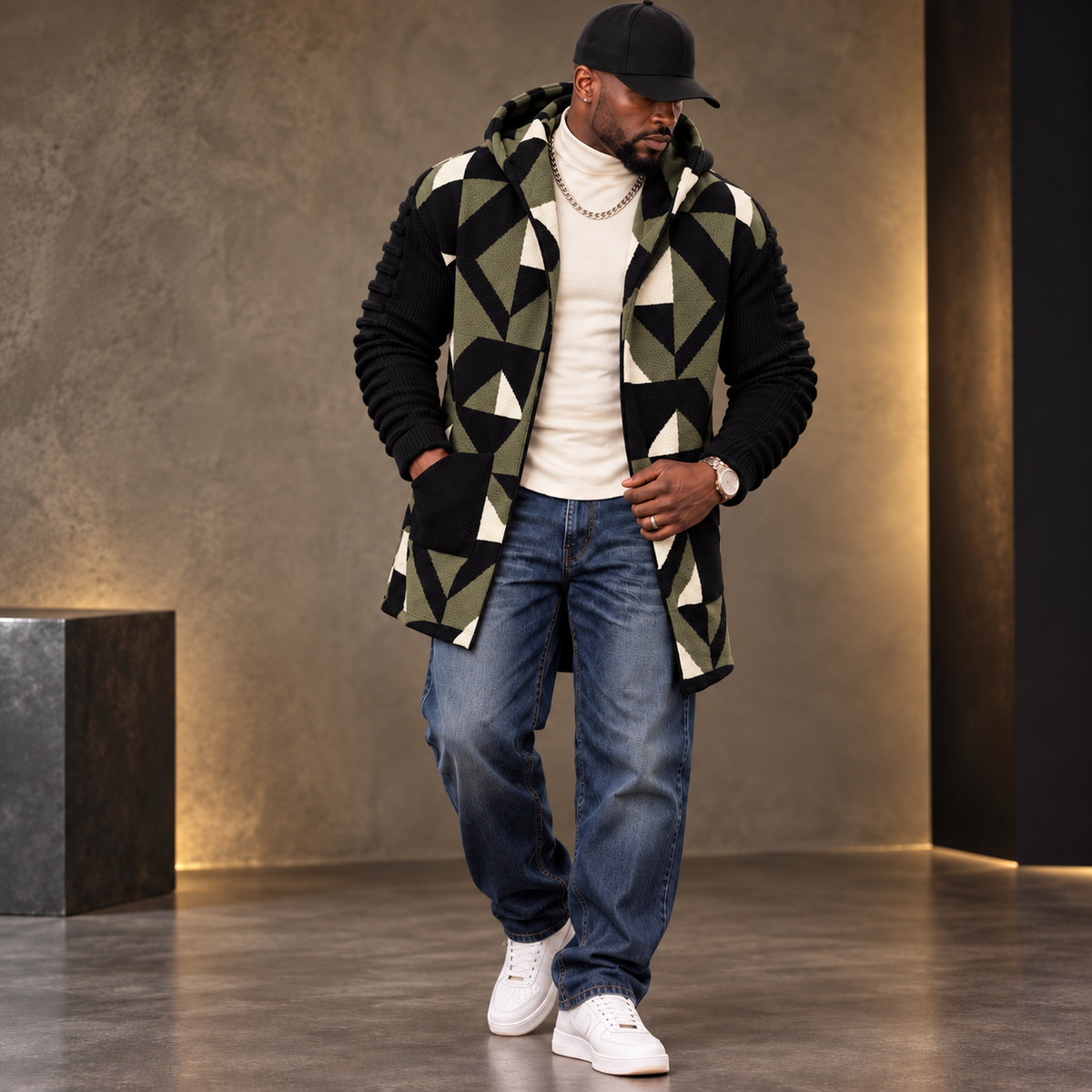 OIM Geometric Cardigan 3/4 Length Sweater Jacket Green