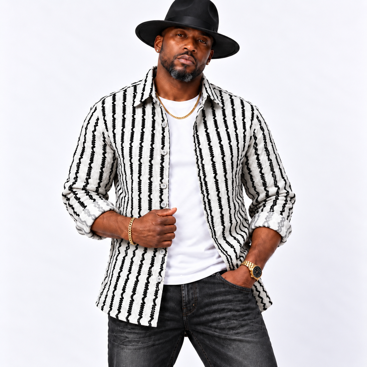 Men’s Lightweight Stretch Button Up Shirt: Black/White