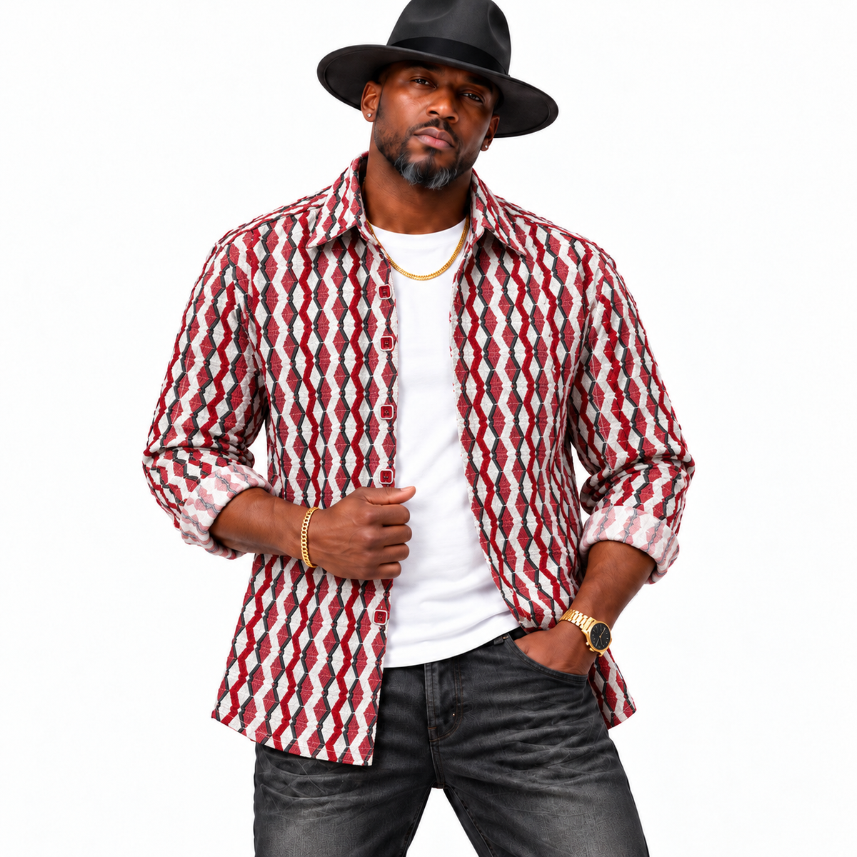 Men’s Lightweight Stretch Button Up Shirt: Red/White/Black