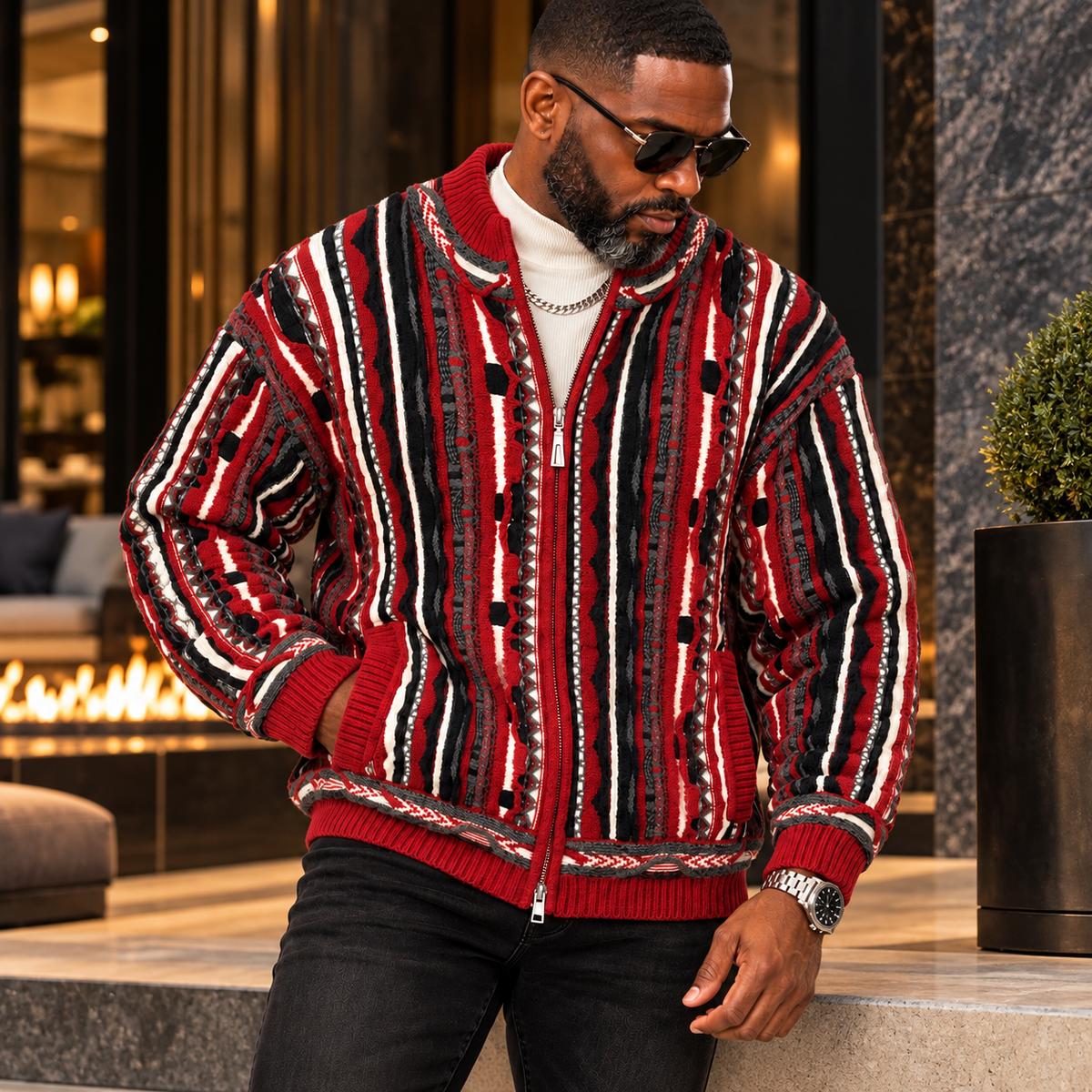 Silversilk Men’s Bomber Sweater Jacket: 32030 Red Gray Black