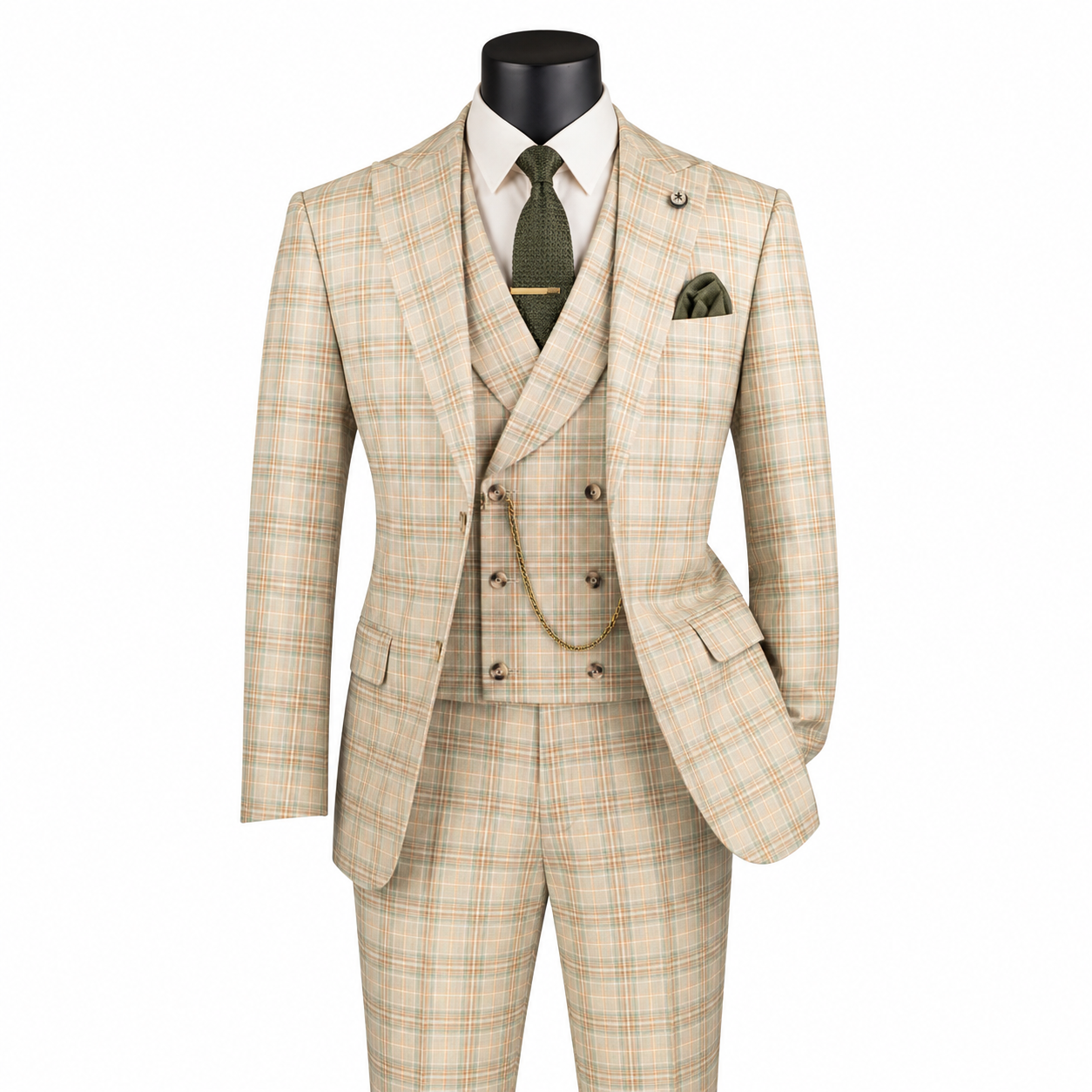 Men’s Khaki Modern Fit Windowpane 3-Piece Suit with Double-Breasted Vest MV2W-3