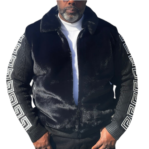 Prestige "King" Fur Bomber Sweater Jacket (Black/White) 175