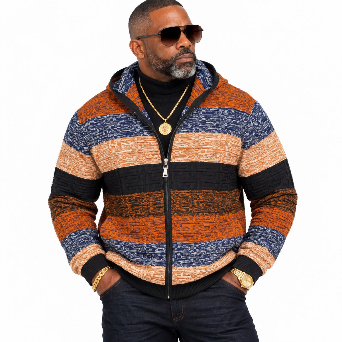 Prestige Full Zip "Uptown" Sweater (Black/Navy/Rust) 420