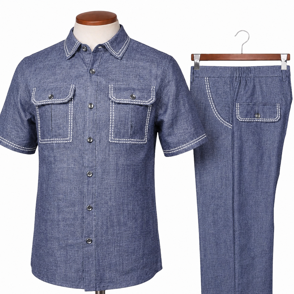 Prestige Men’s Stitched Linen Pant Set – Indigo (630)