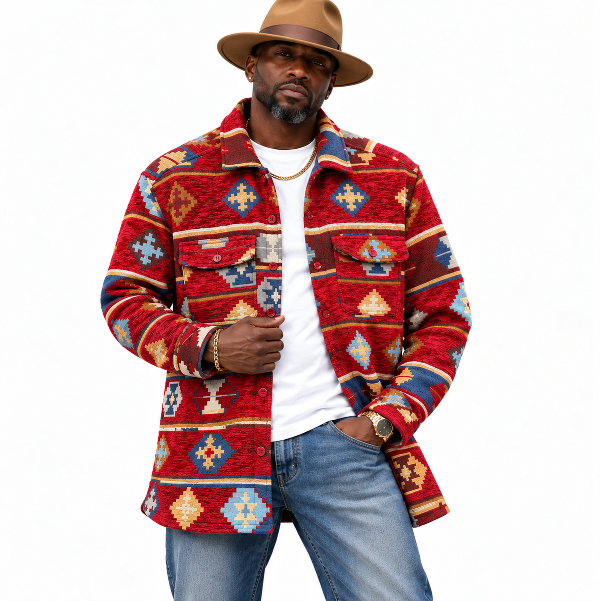 Lanzino Men’s Luxury Shirt Jacket – Red Tan Burgundy