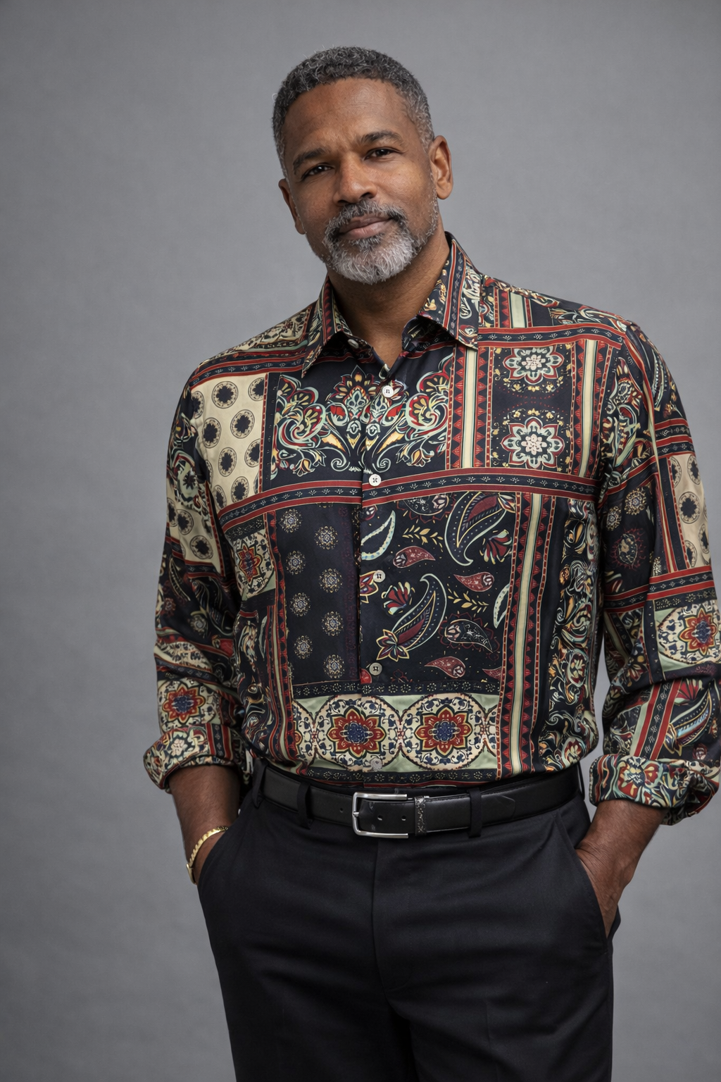Inserch Regal Patchwork Print Satin Shirt – Black Multi LS026