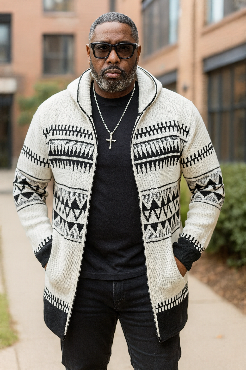 Alpine Cardigan Sweater 3/4 Length (White/Black) OIM