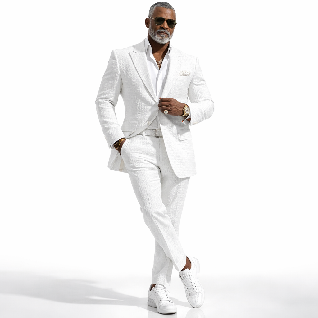 Inserch Men’s Premium Cotton Seersucker Stripe Suit – White 50R