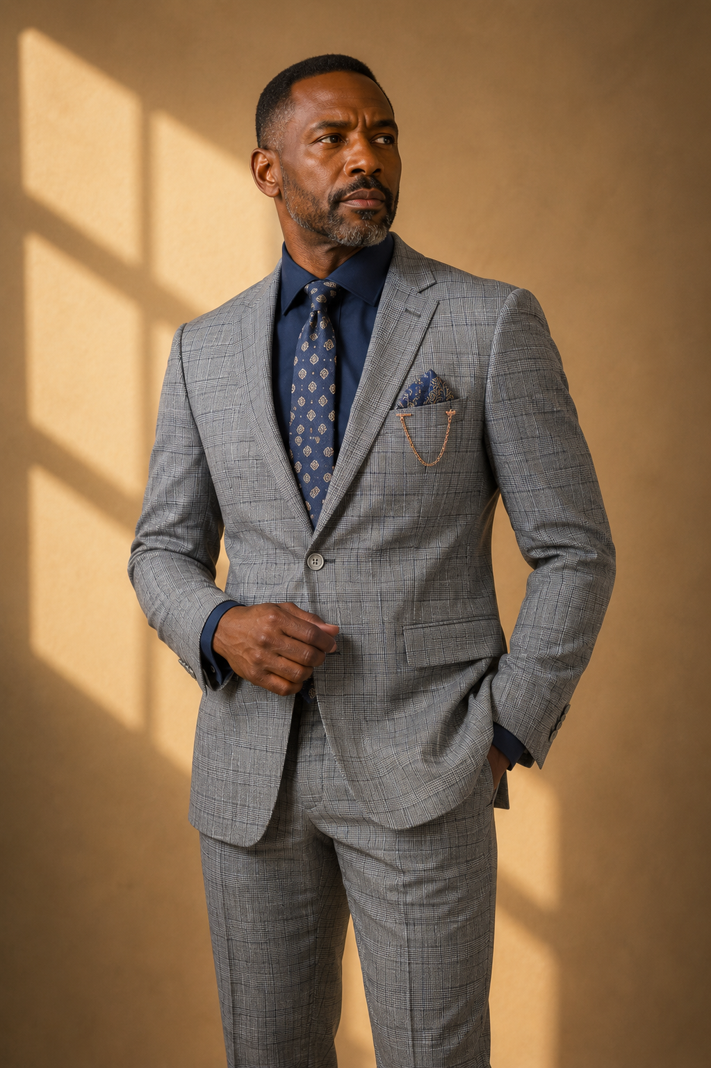 Men's Gray Modern Fit Windowpane Suit with Peak Lapel MRW-1