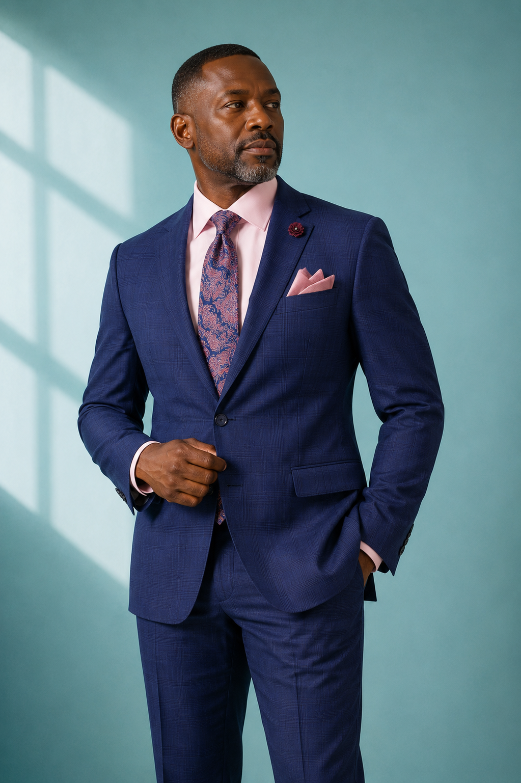 Men's Blue Modern Fit Windowpane Suit with Peak Lapel MRW-1
