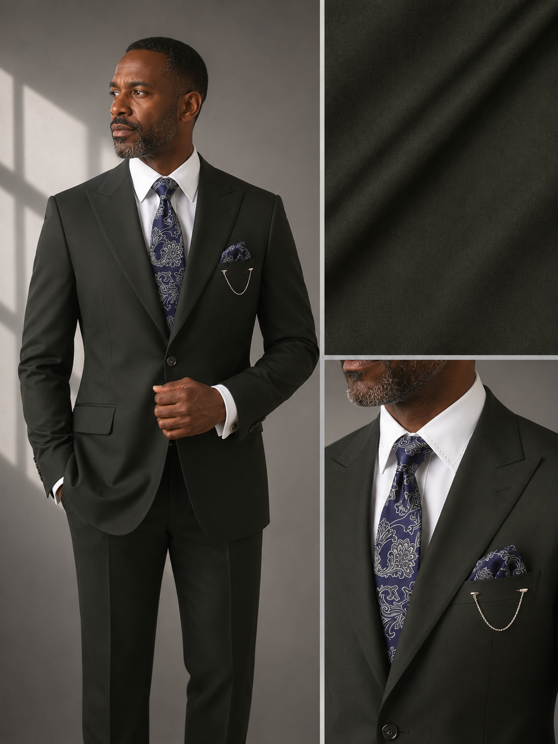 Men's Black Modern Fit Textured Solid Suit with Peak Lapel MT2R