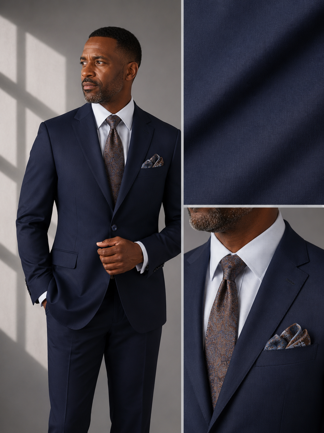 Men's Navy Modern Fit Textured Solid Suit with Peak Lapel MT2R