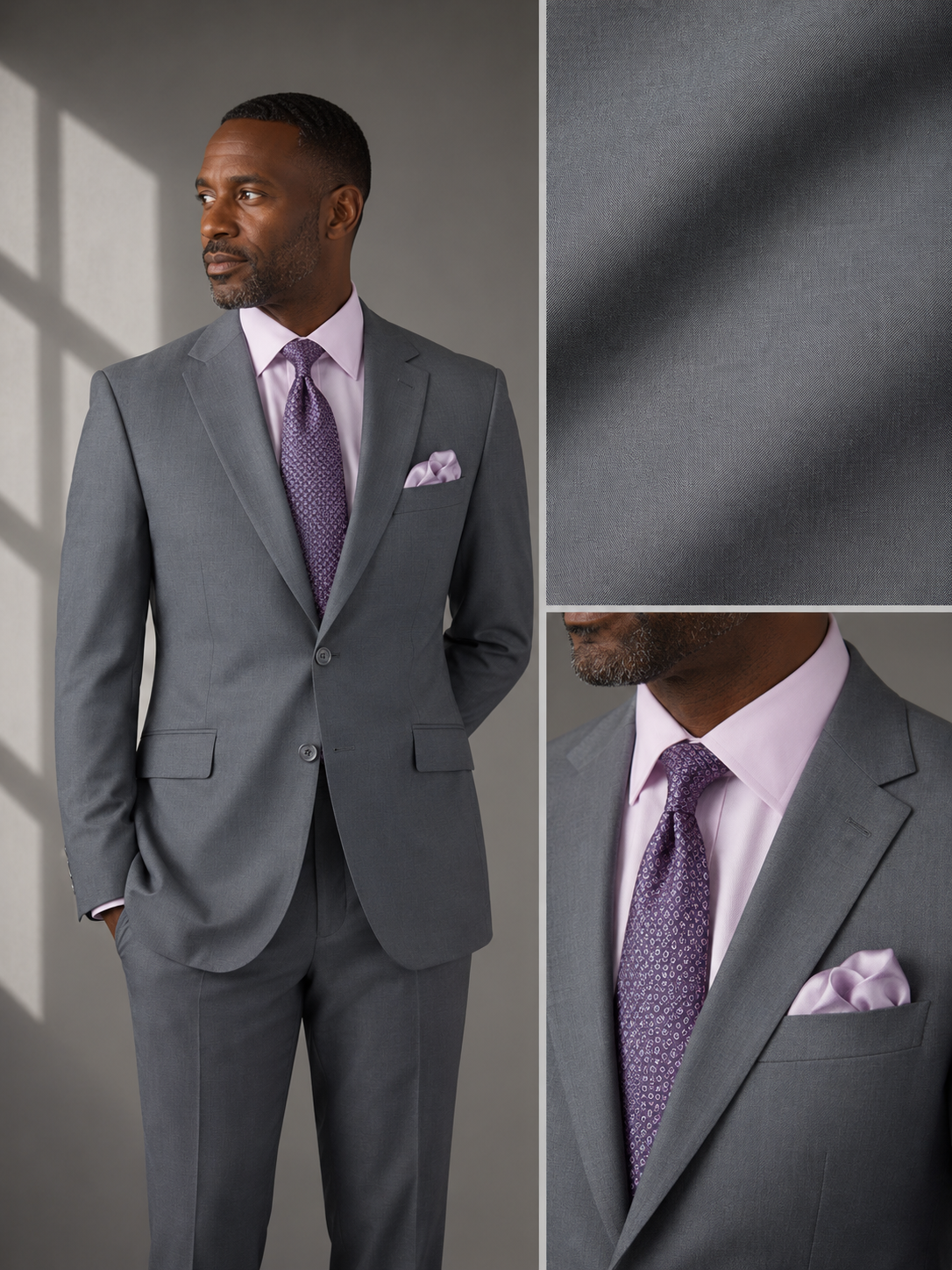 Men's Medium Gray Modern Fit Textured Solid Suit with Peak Lapel MT2R