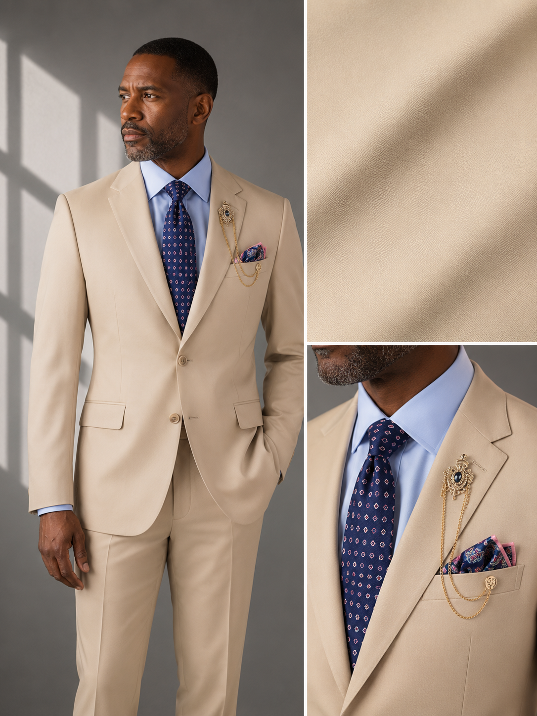Men's Sand Modern Fit Textured Solid Suit with Peak Lapel MT2R